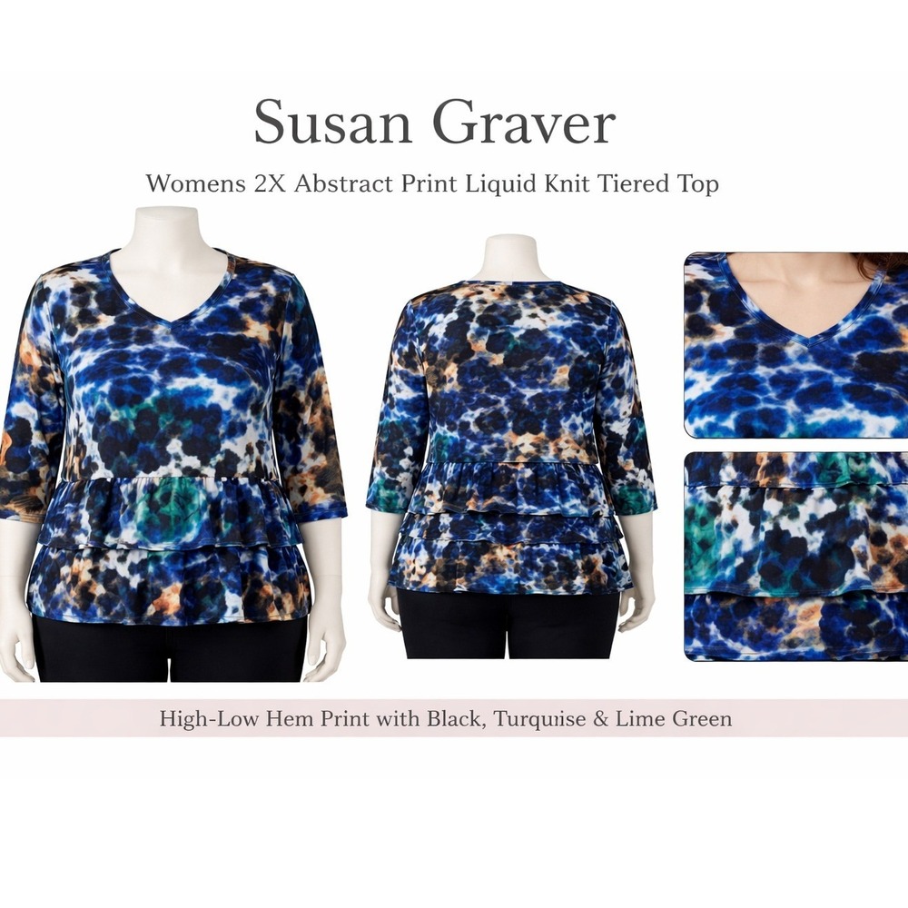 Susan Graver Womens 2X Abstract Print Liquid Knit Tiered Top Blue A234225/84‎